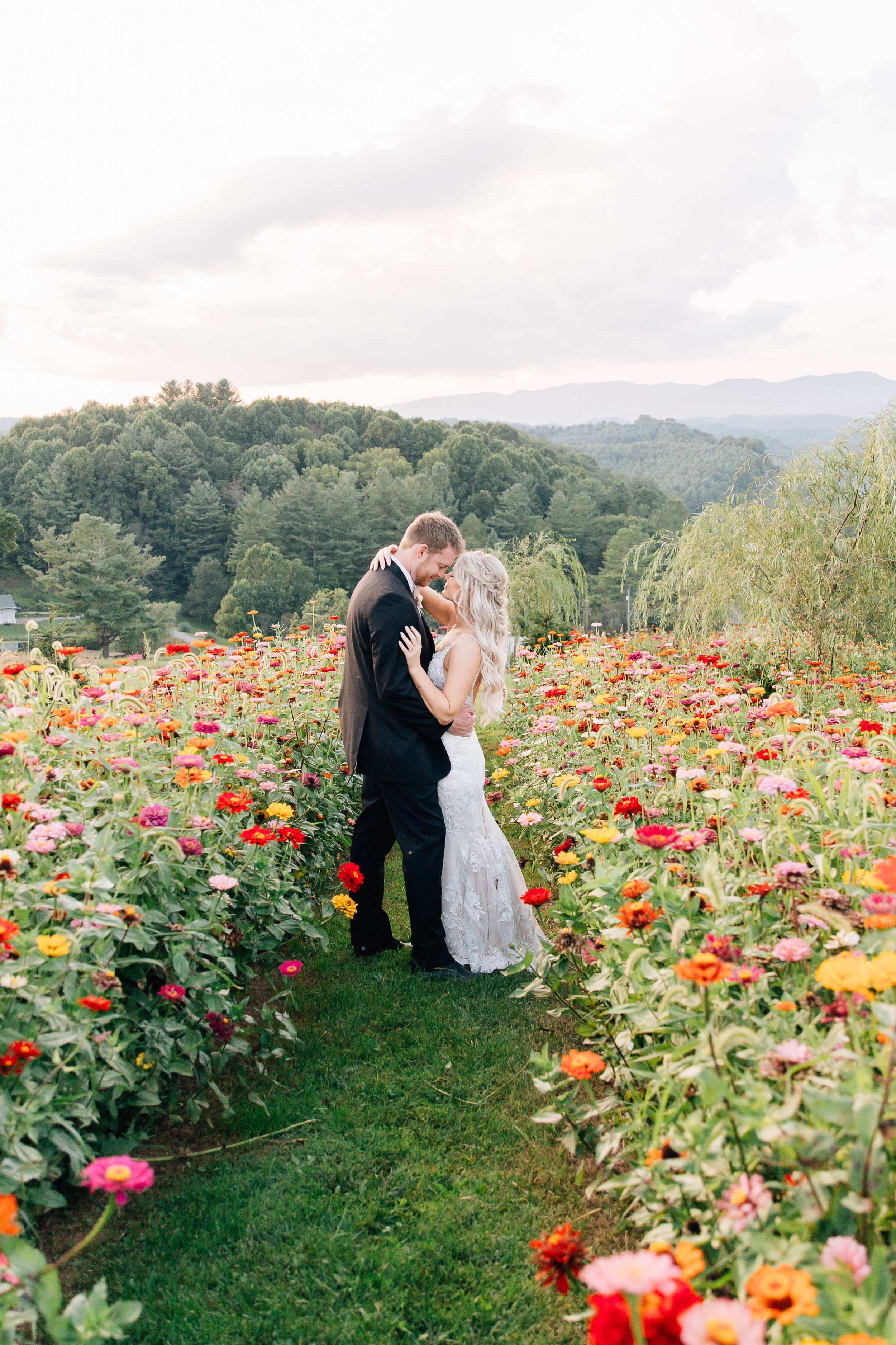 Romantic embrace in a garden filled with colorful zinnias and mountains in background.