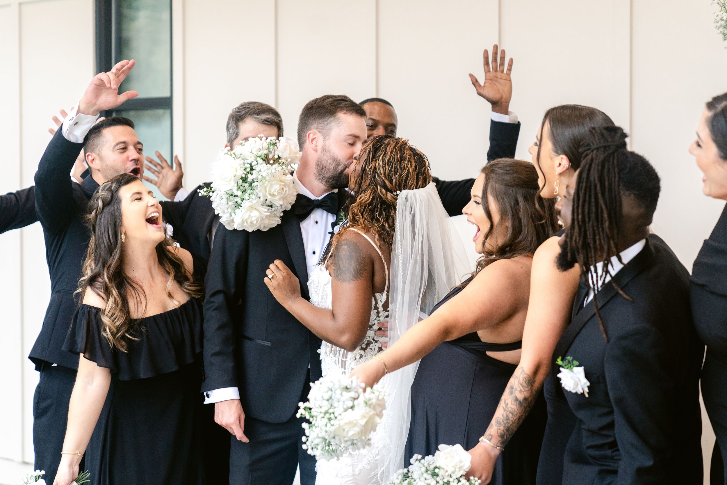 A collage of candid wedding celebration moments showing joyful dancing and laughter at an elegant reception party.
