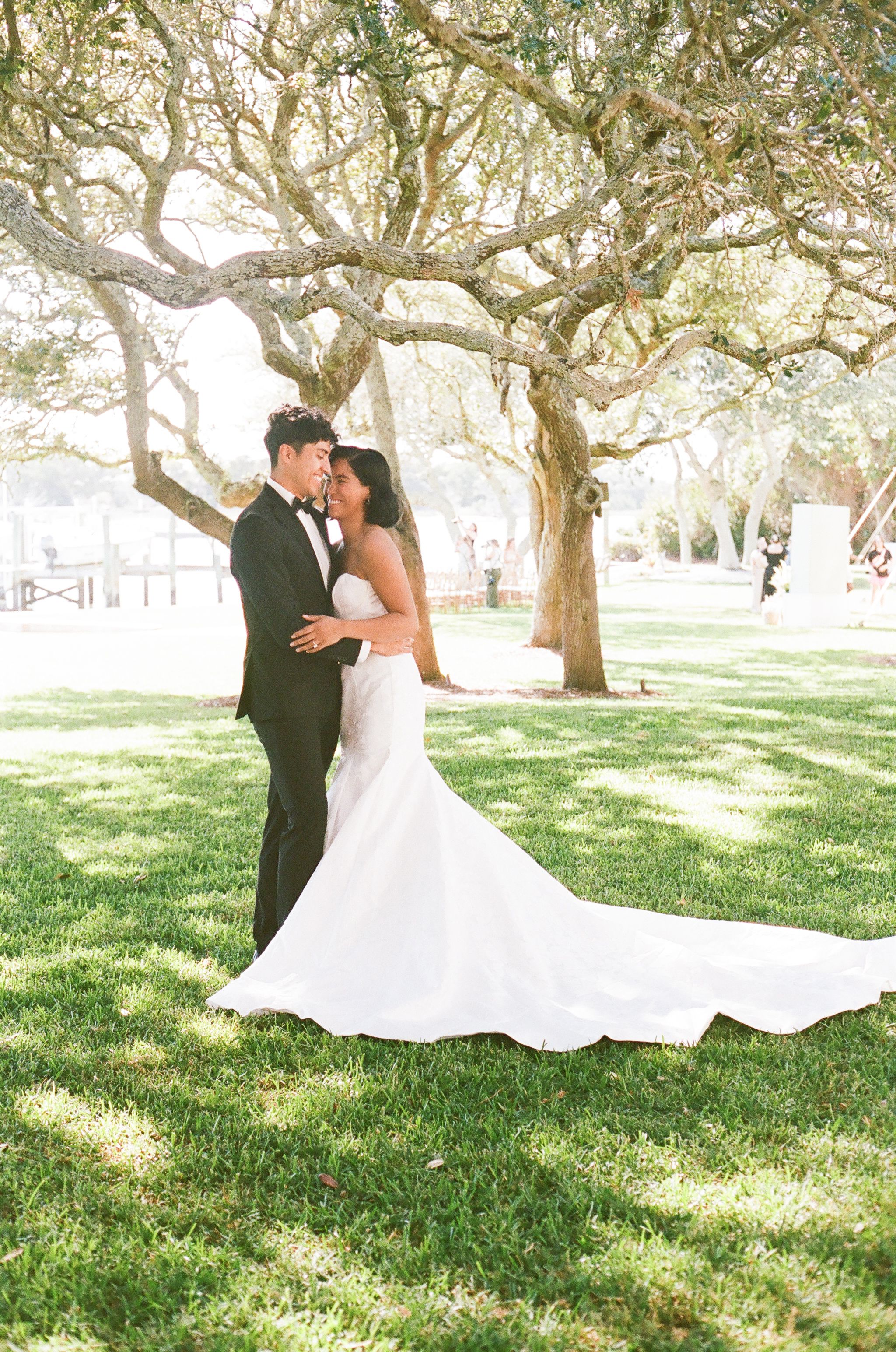 Wedding couple embracing under sunlit trees with bride's dress flowing in the breeze.