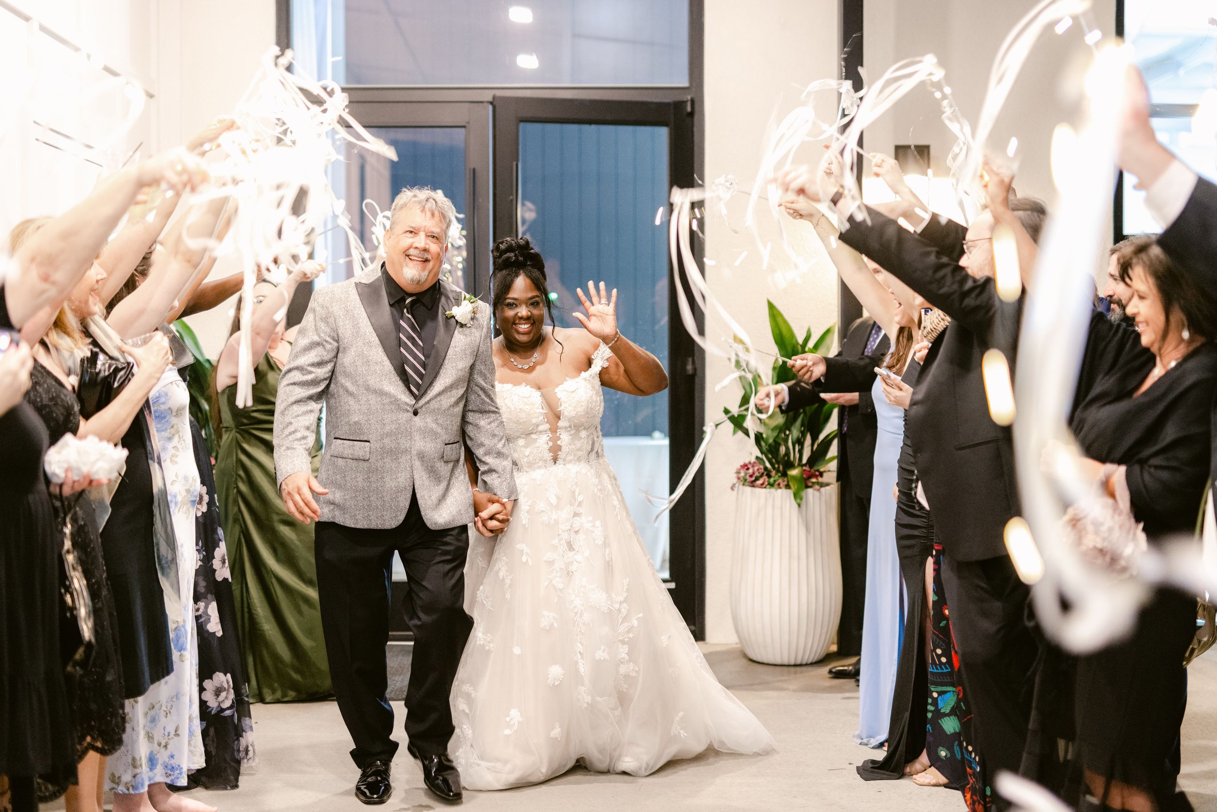 A sequence of wedding celebration photos showing guests dancing and celebrating at a reception party.