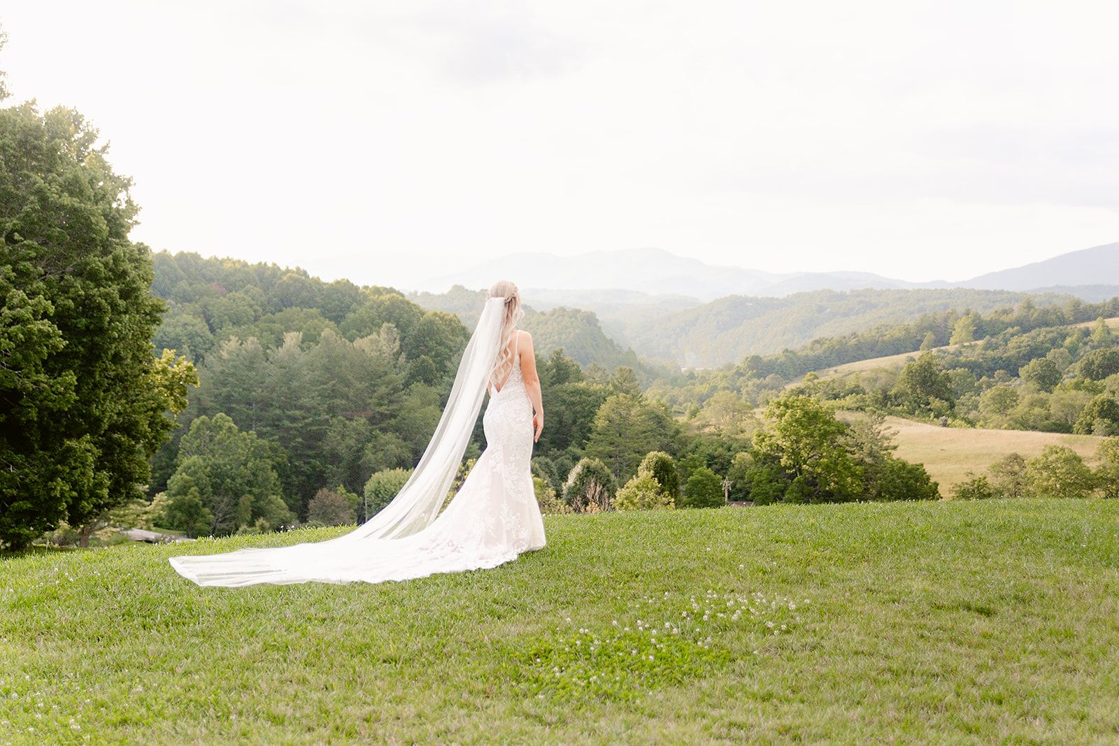 A person in a flowing white wedding gown stands in a scenic mountain meadow during a summer photoshoot.